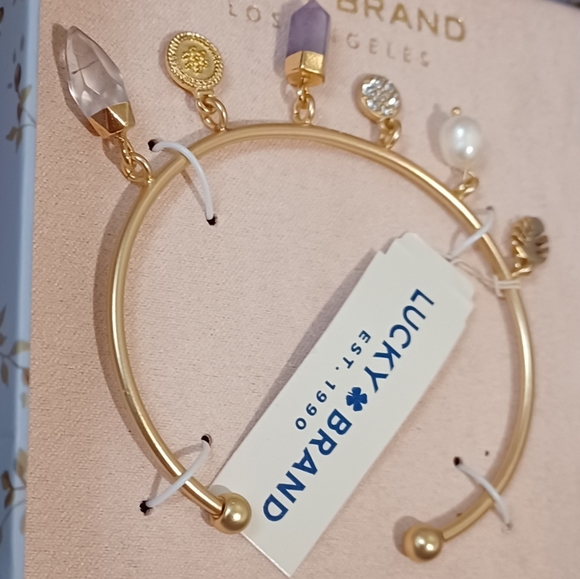 LUCKY BRAND 🍀 GOLD QUARTZ AMETHYST HEALIING GEMSTONES CHARM BANGLE BRACELET - Picture 7 of 9